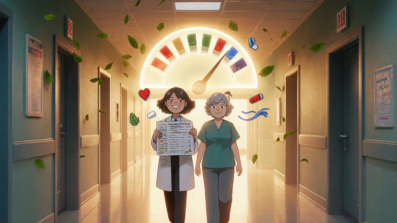 A pharmacist walks with a discharged patient, floating icons representing medications glowing beside them under golden hospital hallway light.