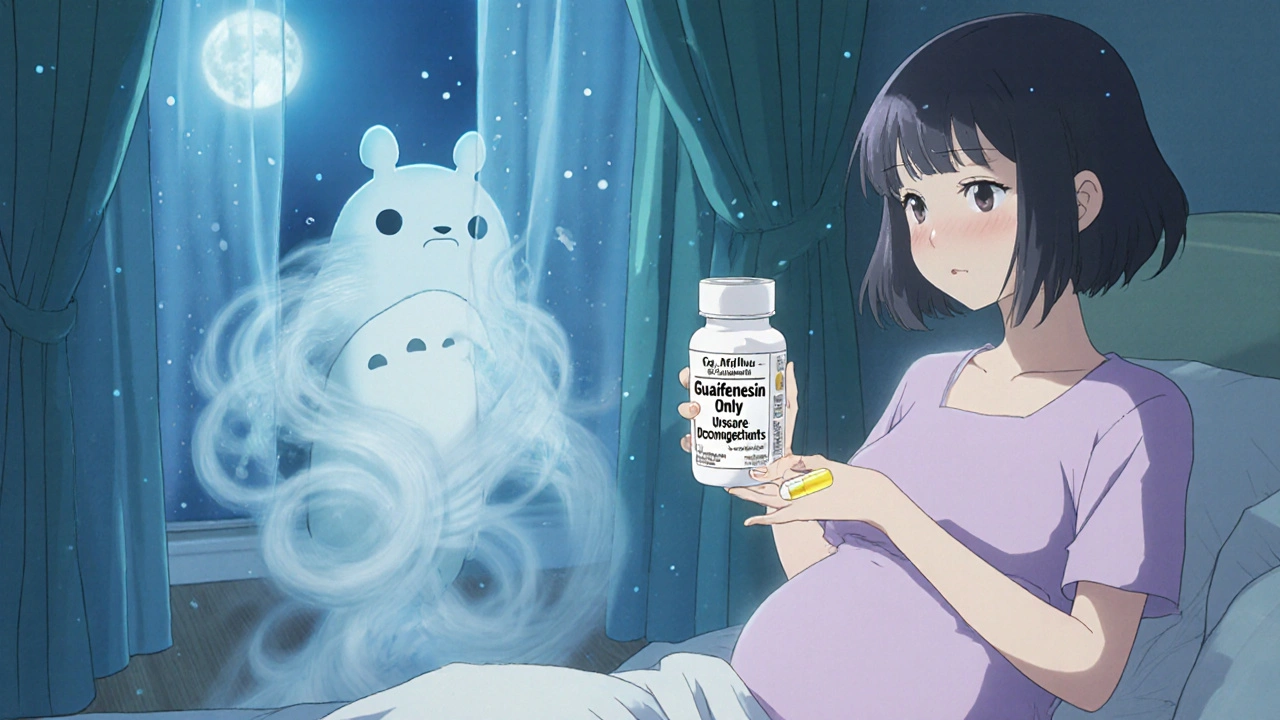 A pregnant woman holding safe guaifenesin as unsafe misty spirits fade away in a cozy bedroom.