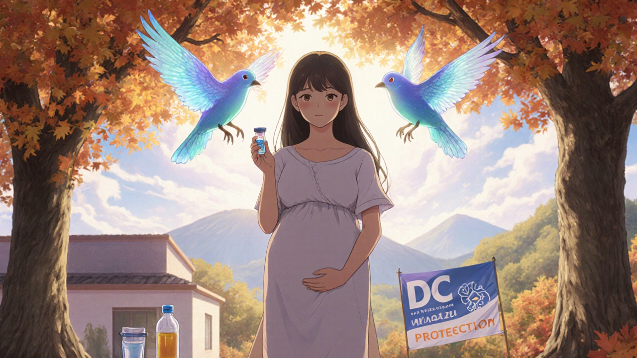 A pregnant woman receiving a flu vaccine as protective bird spirits circle her in a peaceful autumn scene.