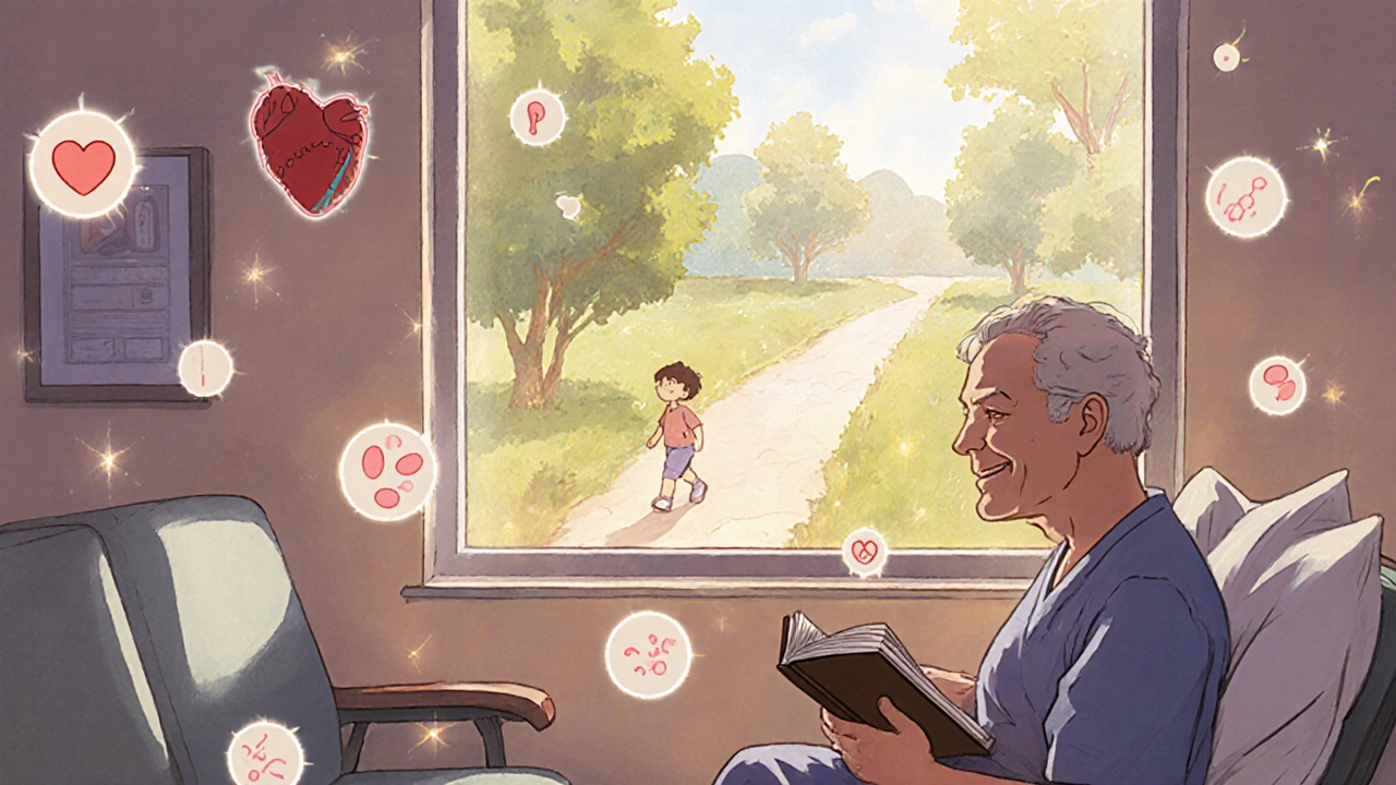 A senior holding a journal as medical symbols float like fireflies in a dreamy hospital scene.