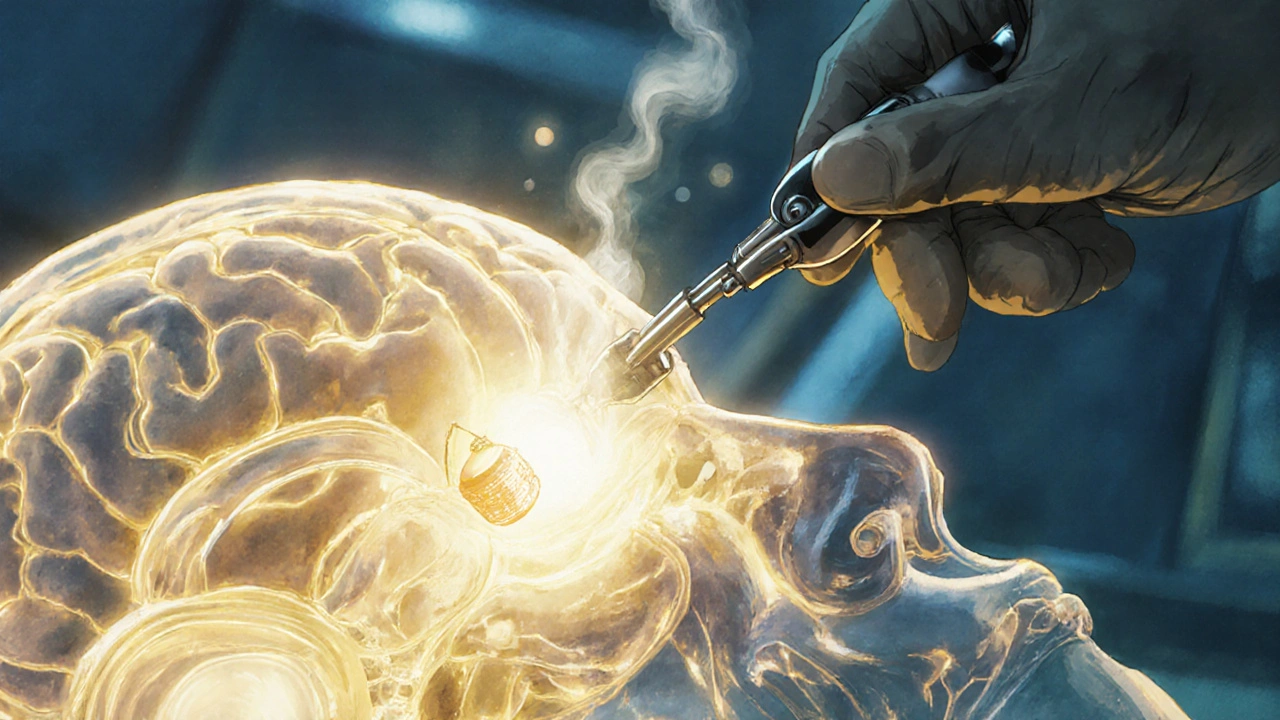A surgeon gently removes a glowing pituitary tumor through the nose in a magical, bioluminescent operating room.