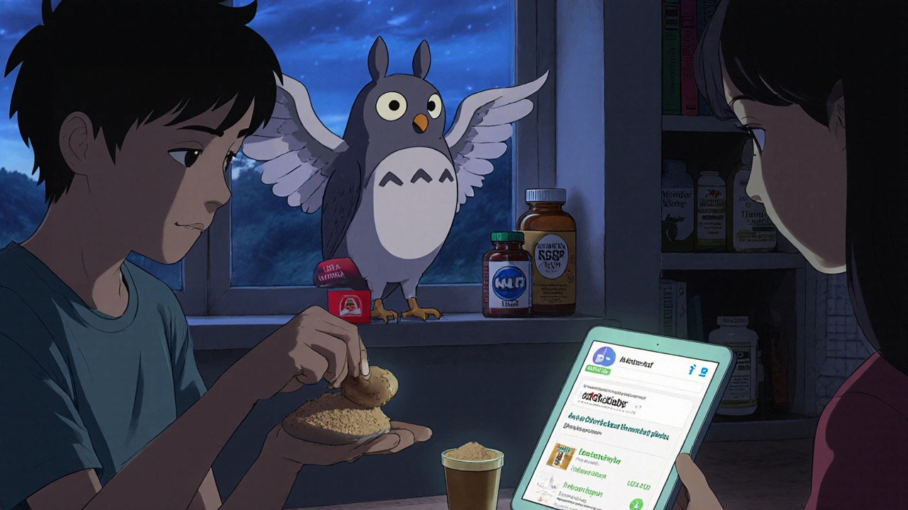A teenager preparing ginger capsules in a kitchen while a magical owl watches over certified supplements.