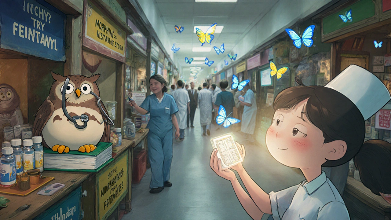 A whimsical hospital marketplace where patients trade opioids, with a wise owl and a woman receiving a fentanyl patch surrounded by relief butterflies.