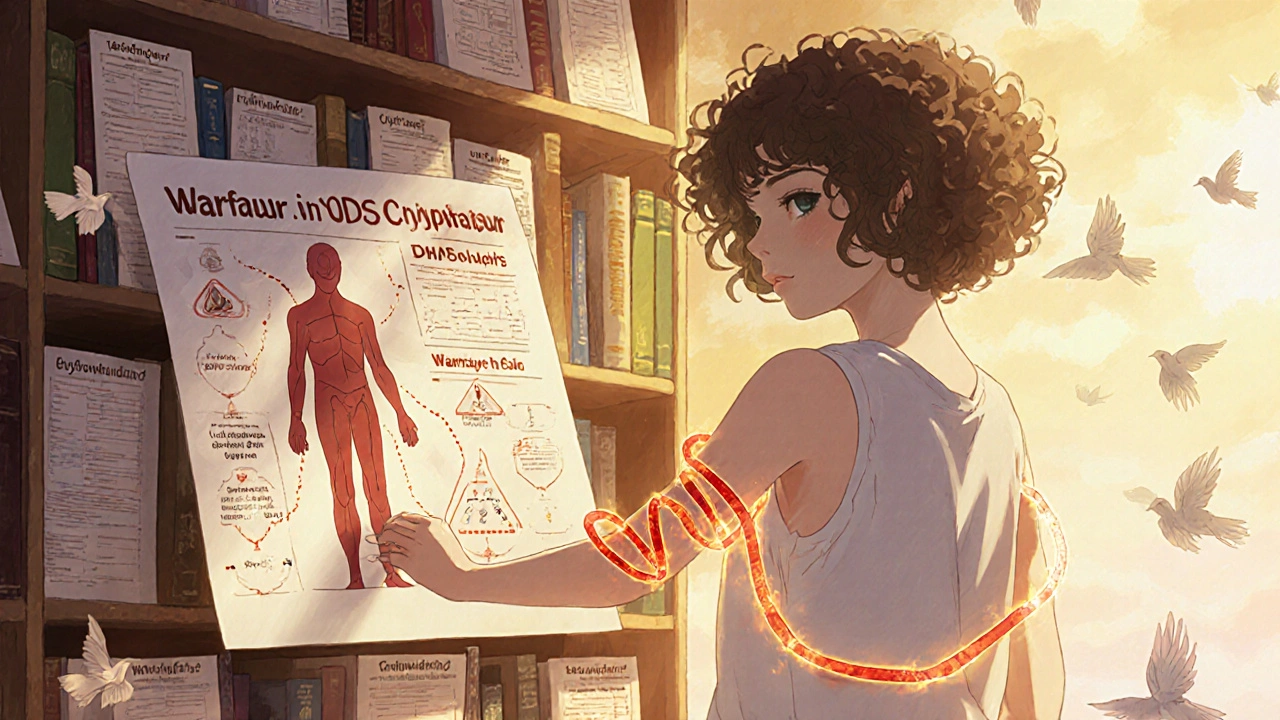A woman beside a bookshelf of medical charts, with red lines connecting drugs and a glowing DNA strand around her arm.