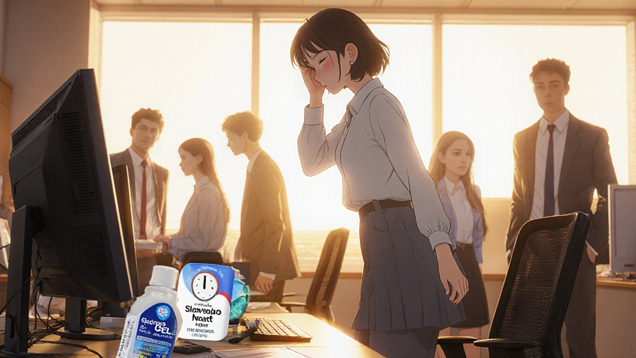 A woman feeling lightheaded at her office desk, with glucose gel and glucagon spray visible in her open purse.