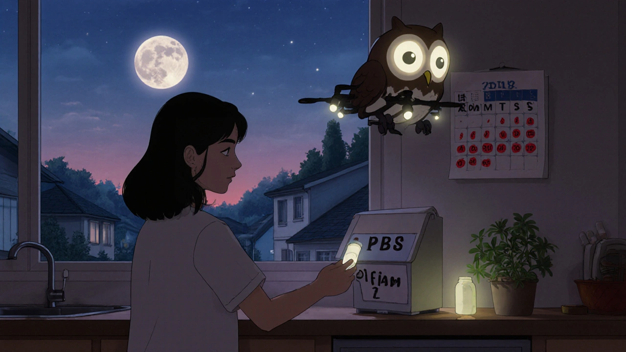 A woman packs her monthly pills into a mail-order box as a gentle drone hovers nearby, moonlight shining through the kitchen window.