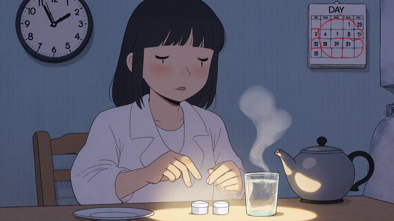 A woman taking cilostazol pills on an empty stomach at dawn with a clock and empty plate.