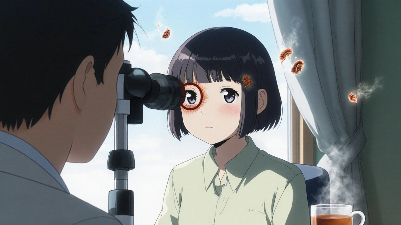 A young patient with a copper ring in her eye, observed by a doctor under soft sunlight.