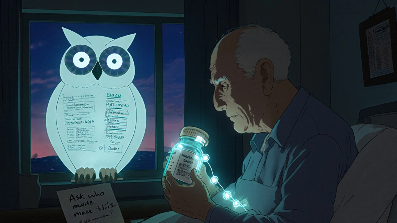An elderly man holding a pill bottle as a glowing blockchain trail reveals its journey, with a paper owl watching in the window.