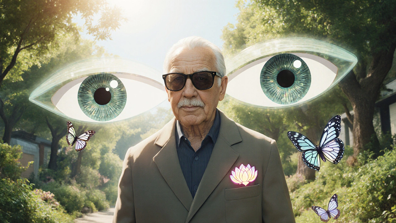 An elderly man walking in a garden with UV sunglasses, a glowing lotus implant in his pocket, and spirit-like eye guides behind him.