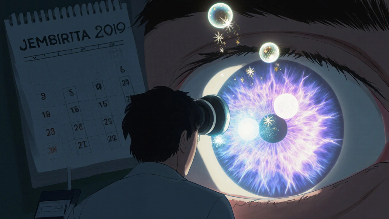 An ophthalmologist examining a luminous eye with floating inflammation dissolving into golden mist, in Studio Ghibli style.
