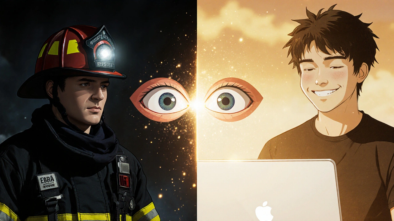 Firefighter and engineer side by side, their healed eyes connected by light.