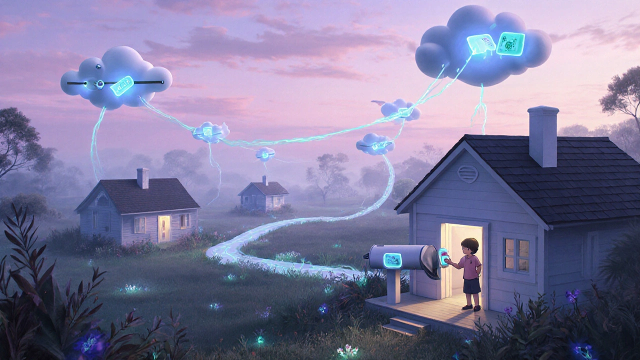 Floating homes receive medicine deliveries via glowing drones in a misty, dreamlike landscape.