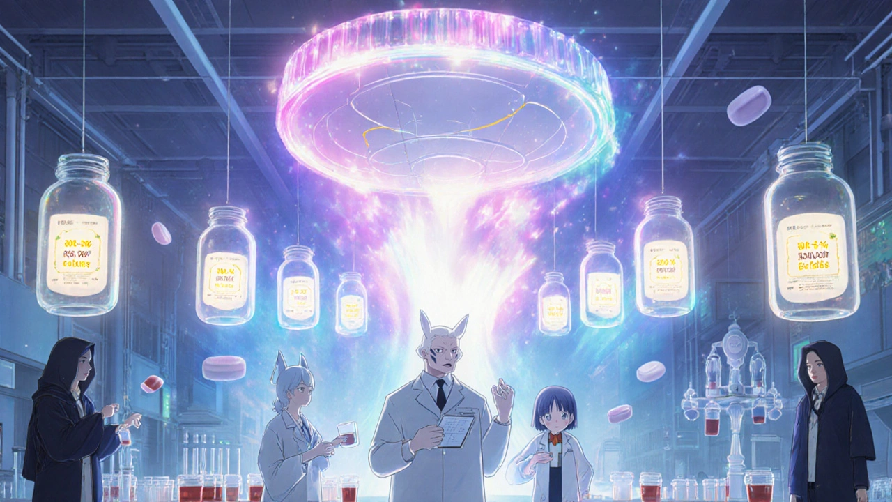 Luminous FDA lab with floating pill bottles and animated drug release curves glowing in harmony.