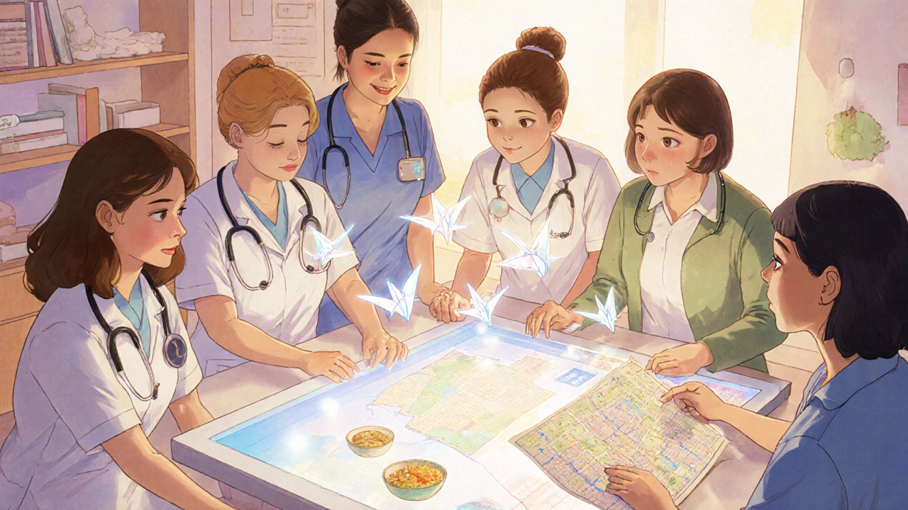 Medical team interacting with AI as paper cranes, helping a patient access community resources.