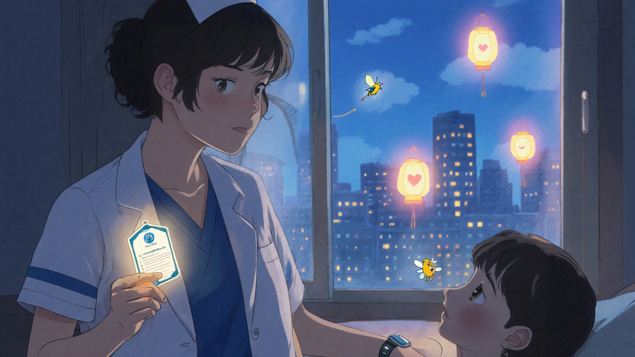 Nurse with glowing certification badge as firefly-like messages float outside her window at home.
