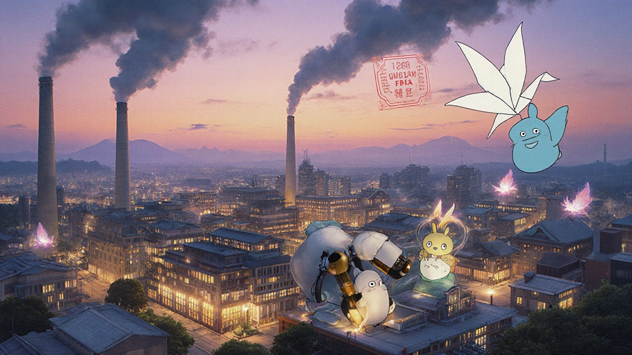 Overseas drug factory with spirit creatures repairing pills under glowing microscopes in Studio Ghibli style.