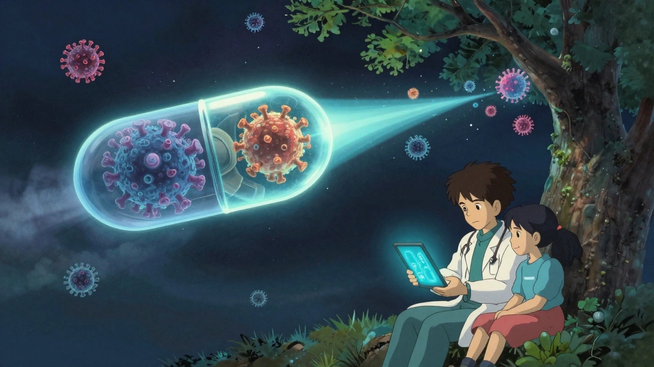 A capsule spaceship neutralizes viruses in a starry sky as a doctor and patient watch together under a tree.