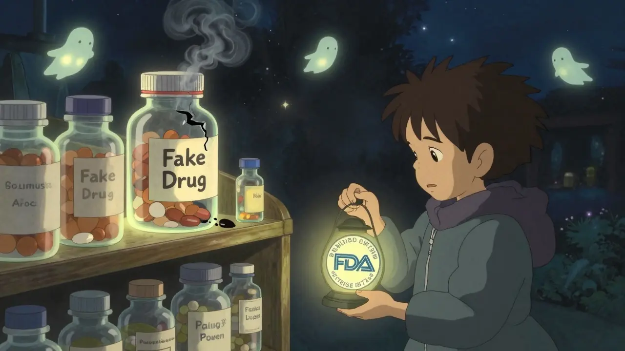 A child holds a glowing FDA-approved pharmacy seal, lighting the way from fake drugs to safe medications in a magical pharmacy.