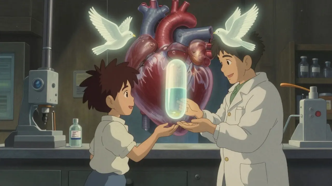 A child receiving a pill as its glowing dissolution profile mirrors the brand-name version like twin birds in flight.