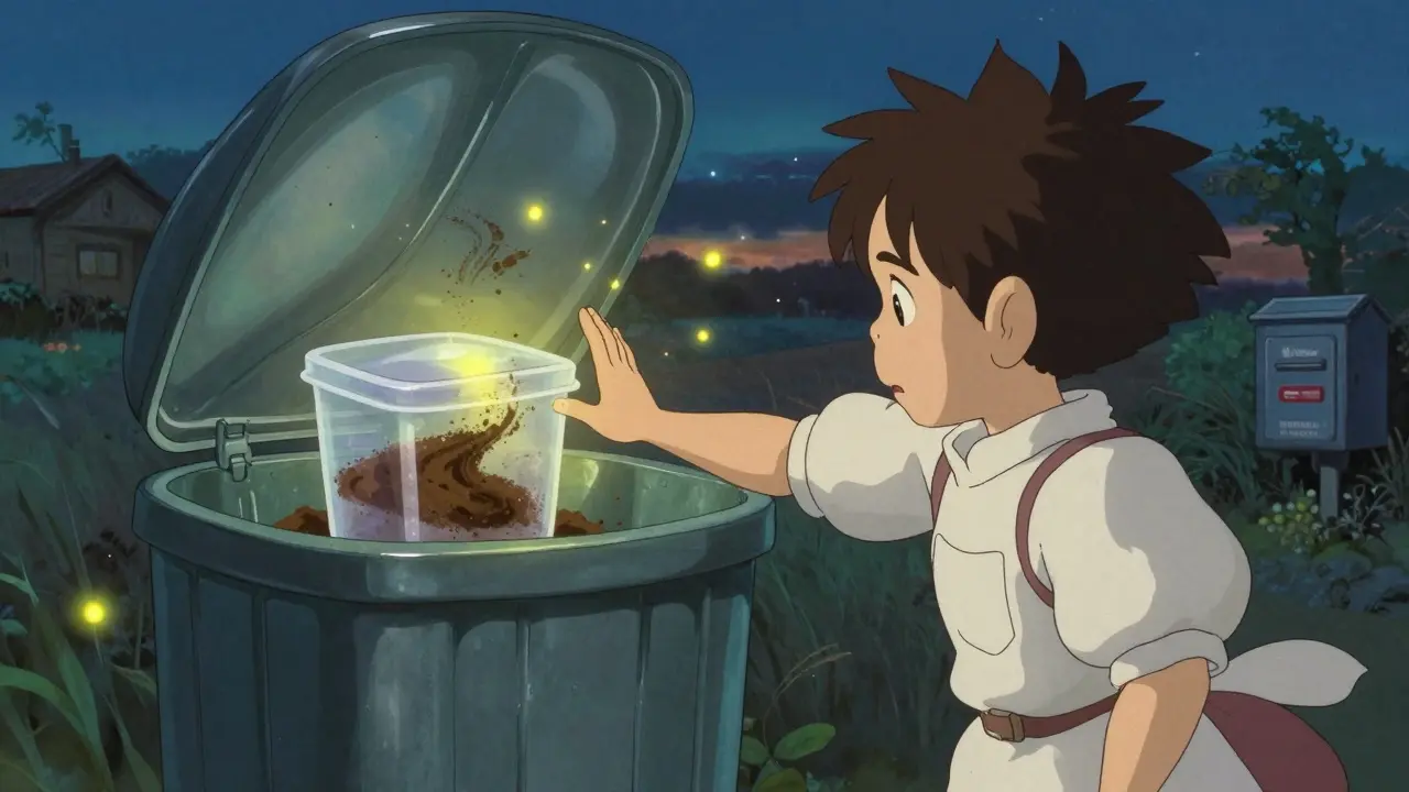 A child stopped by a gentle spirit made of coffee grounds near a trash bin at twilight.