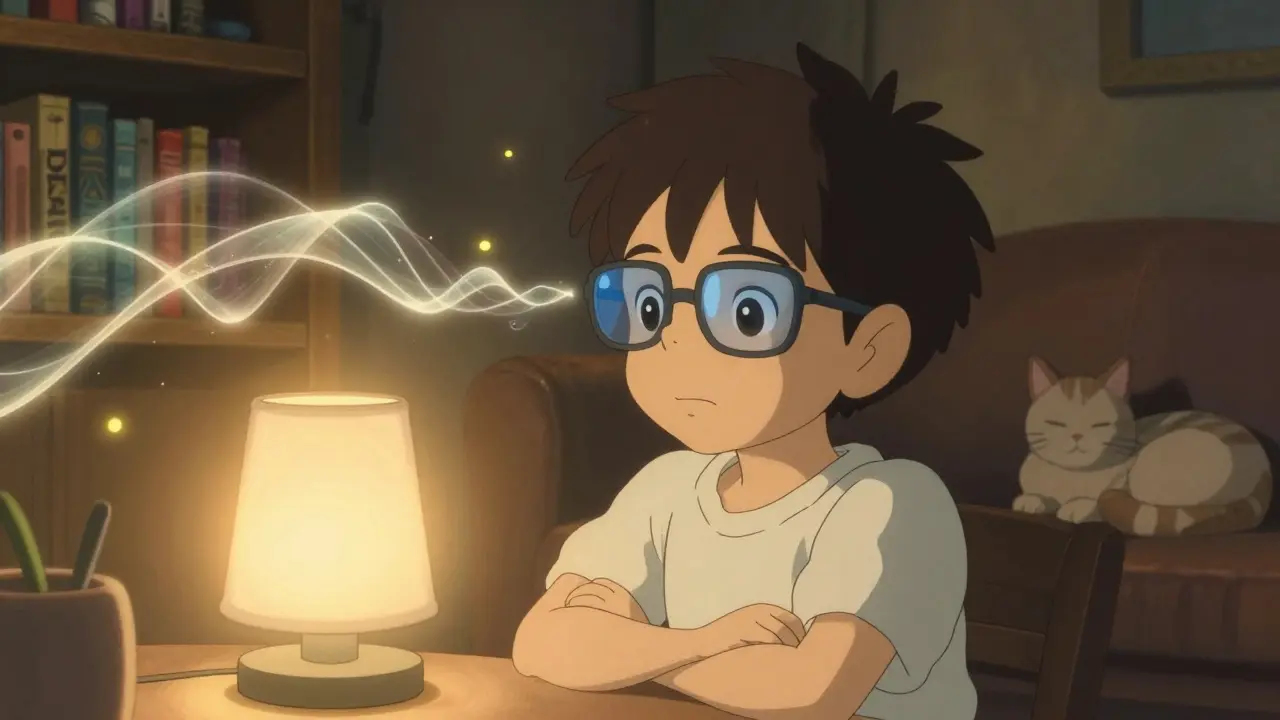 A child wearing FL-41 glasses in a warm-lit room, gentle light waves fading like fireflies around them.
