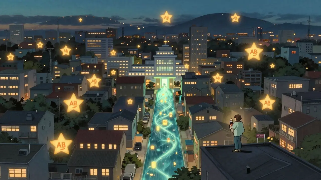 A city at dusk with glowing AB-rated generic drug symbols connecting homes and hospitals.