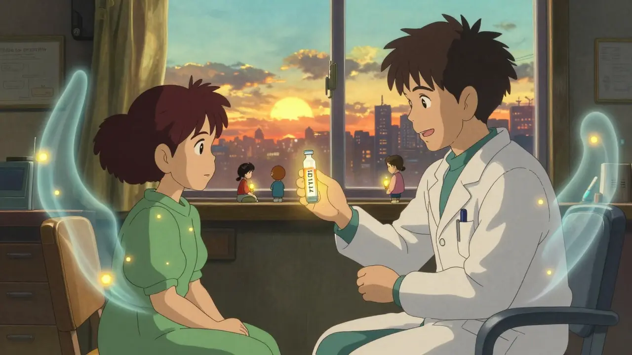 A doctor and patient holding a glowing cortisol test vial, with firefly-like cortisol waves reigniting around them in a sunlit clinic.