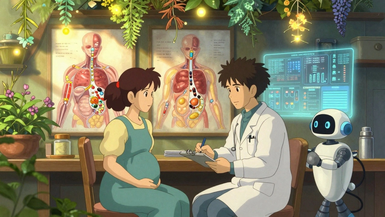 A doctor and pregnant patient in a cozy room surrounded by animated body diagrams and floating clinical study data.