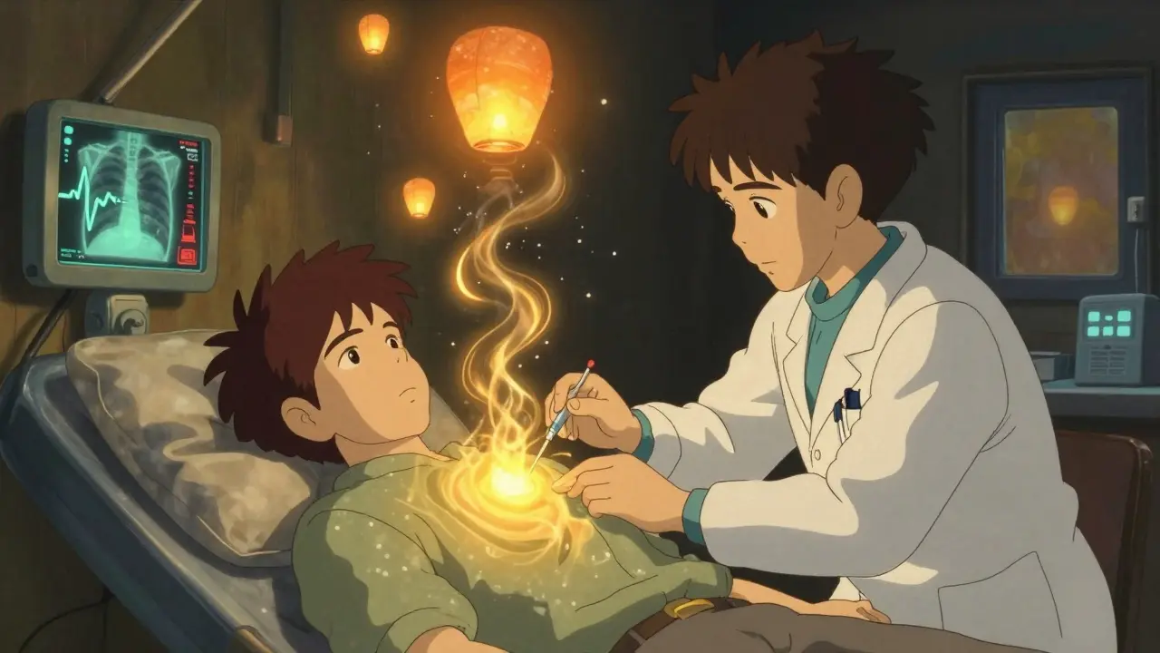 A doctor performing needle decompression in a glowing emergency room, golden air swirling like lanterns.