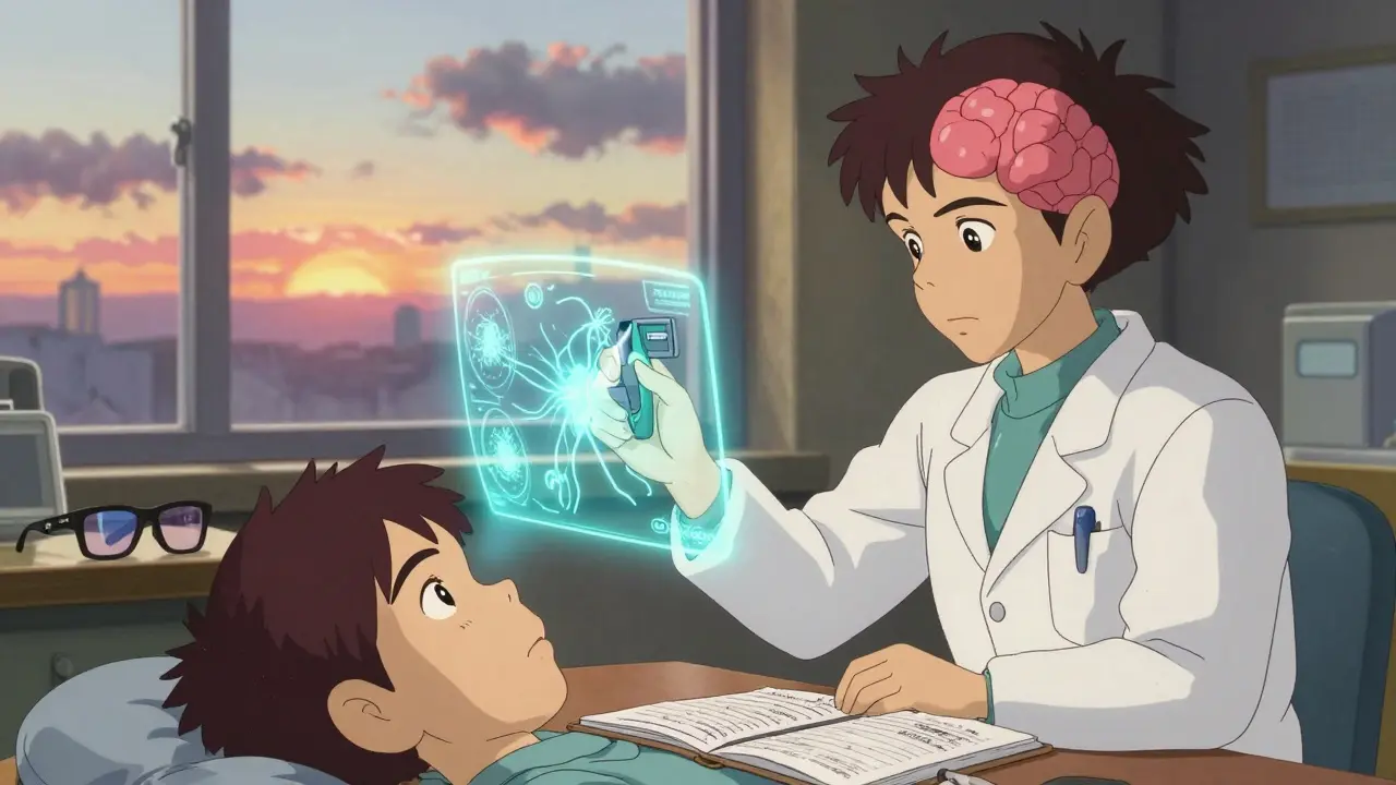 A doctor using a glowing device to scan a patient's eye, with a hologram of overactive brain activity and sunrise outside.