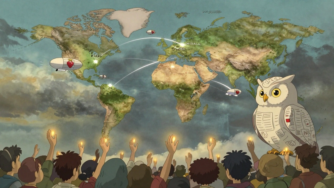 A dreamlike global map connects nations with shimmering threads, guiding pill-shaped airships.
