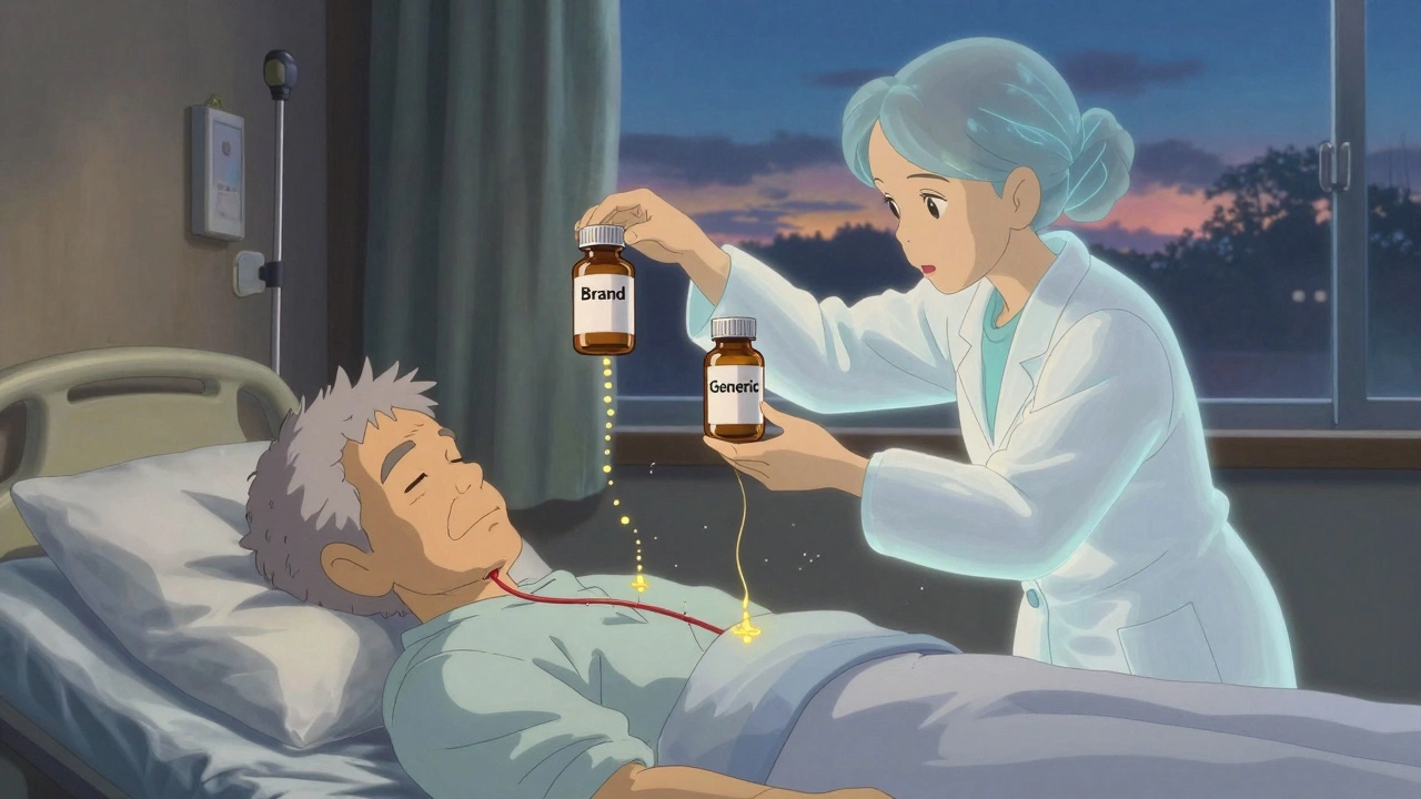 A gentle spirit pharmacist balances pill bottles above a sleeping patient at twilight.