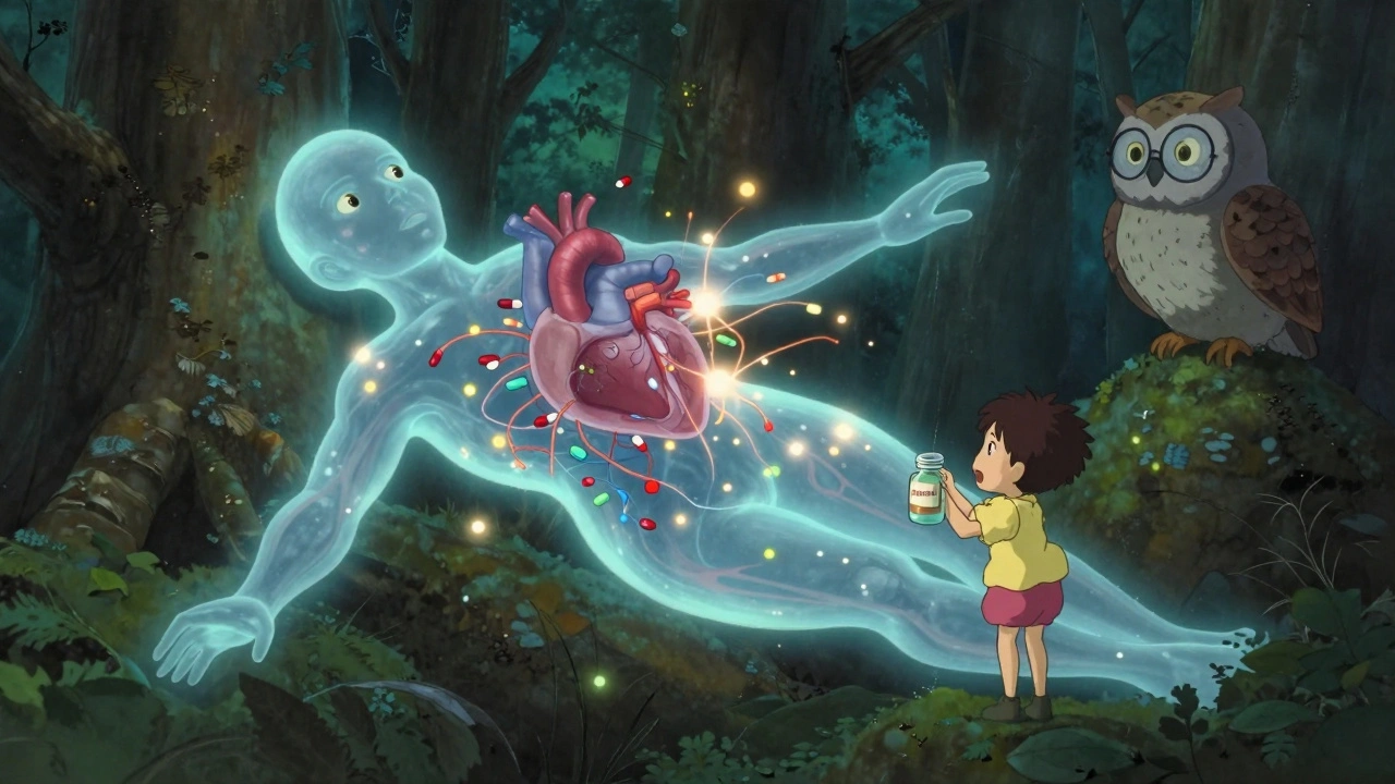 A glowing human body with tangled supplement threads, watched over by a wise owl in a forest.