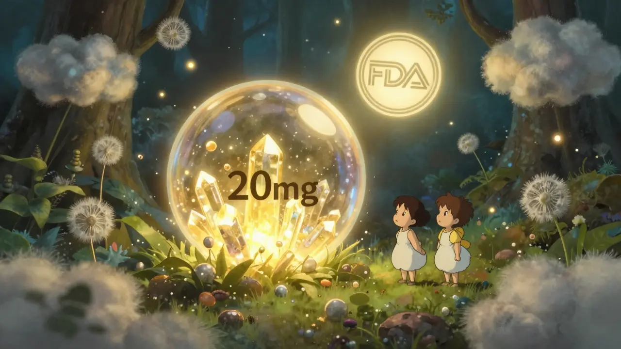 A magical microscopic world inside a pill with glowing active ingredients and soft excipient particles.