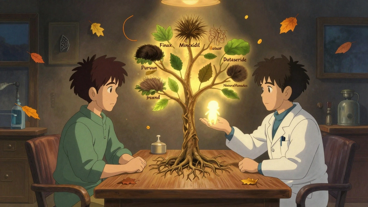 A man and doctor at a wooden table with a glowing tree representing hair loss treatment options under warm lamplight.