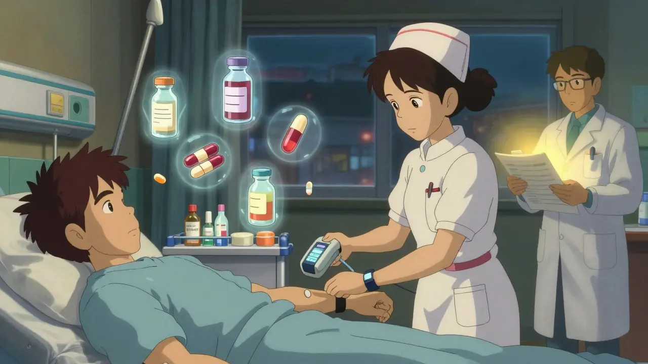 A nurse scans a patient's wristband in a hospital ward as glowing icons of high-risk medications float above the cart.