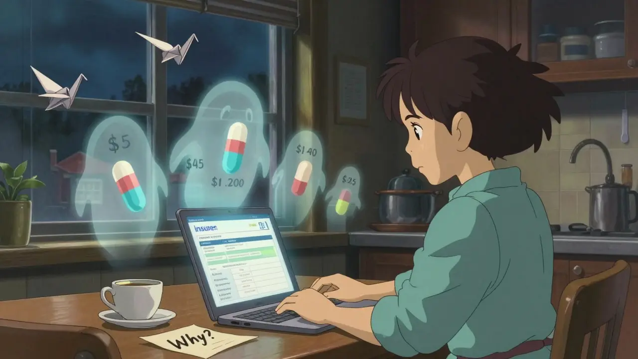 A patient at night examines their insurance formulary as ghostly pills with different prices float around them, lit by laptop glow.