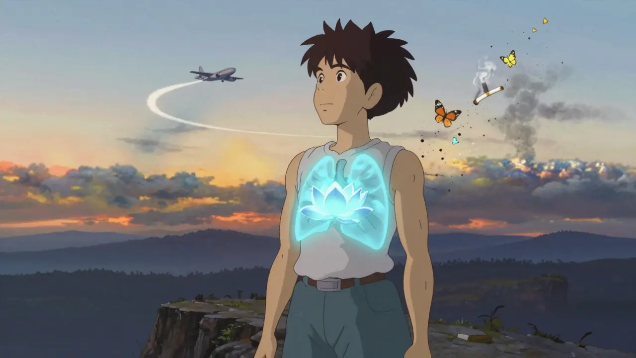 A patient breathing deeply on a cliff at dawn, their lung glowing softly as cigarettes turn to butterflies.