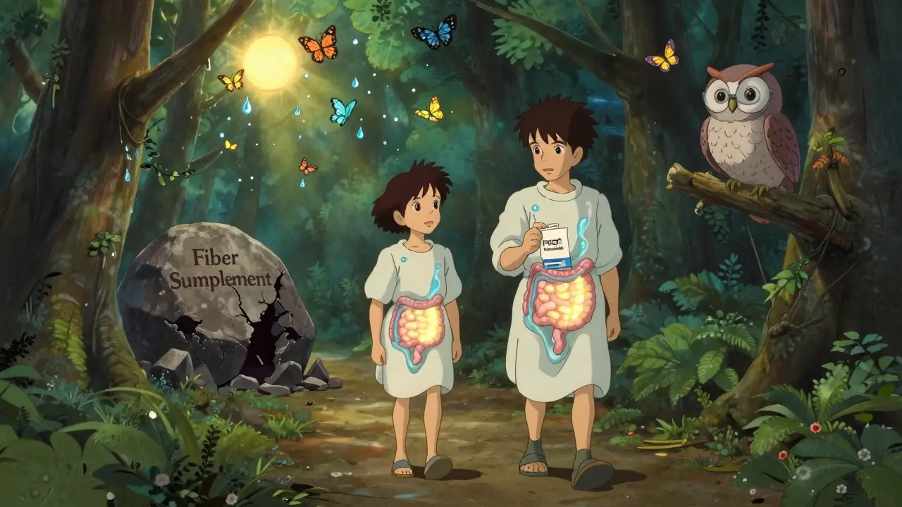 A patient receives a pouch of effective laxatives from a wise owl in a forest path lined with healthy intestines.