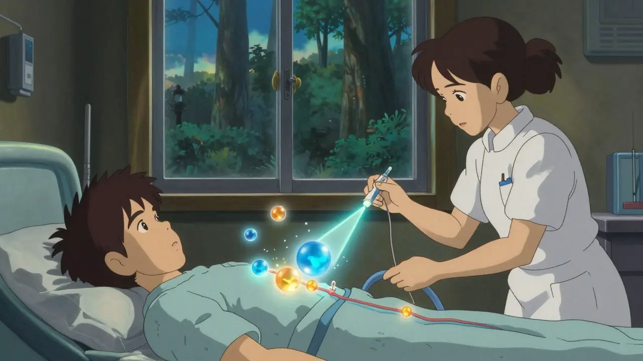 A patient receives a tiny insulin dose in a hospital room, surrounded by calming energy orbs.