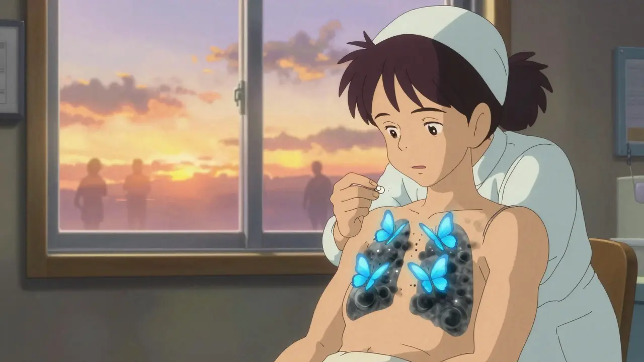 A patient receiving aspirin desensitization as calming blue butterflies emerge from their chest, symbolizing restored breathing.