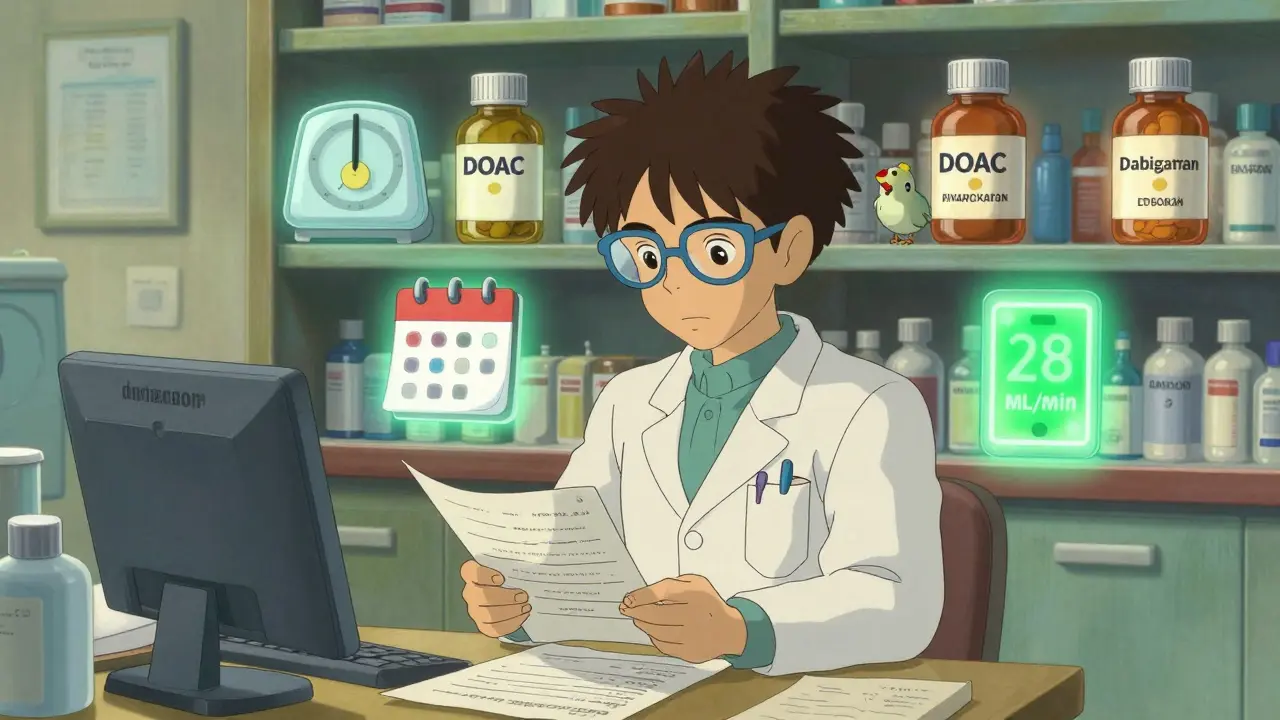A pharmacist reviewing a chart with animated medical icons, apixaban glowing green among other DOACs.