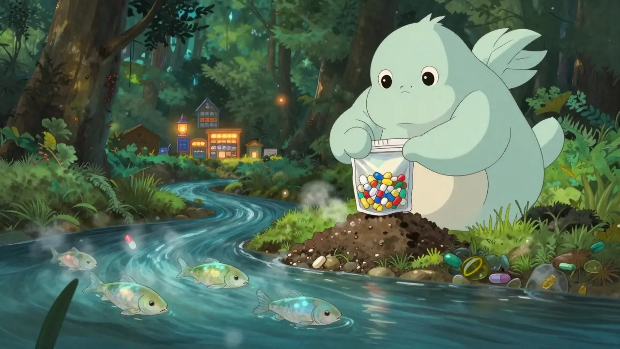 A river with fish dissolving pill shapes into mist, watched over by a spirit placing meds into earth.