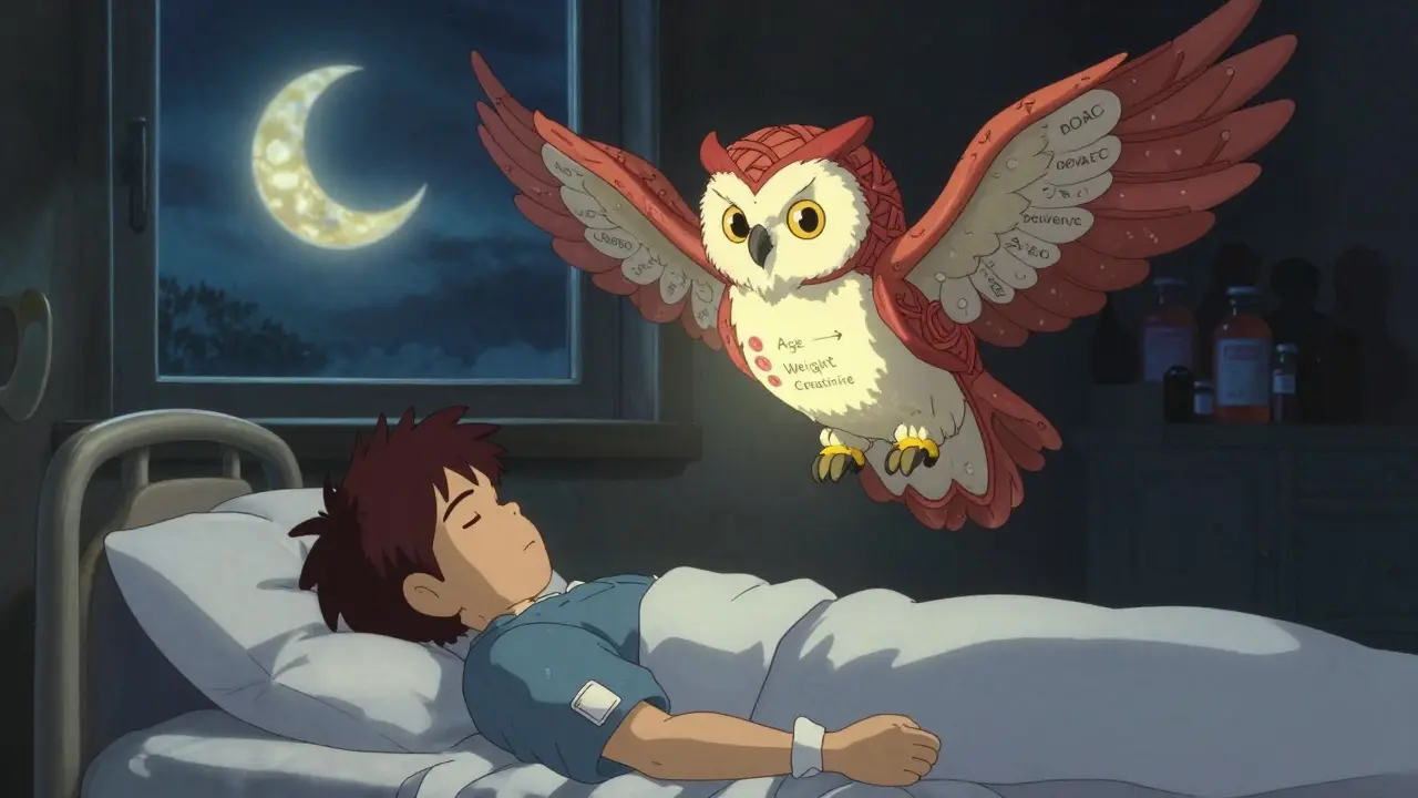 A sleeping dialysis patient guarded by a feathered blood-vessel owl, apixaban guidelines glowing above.