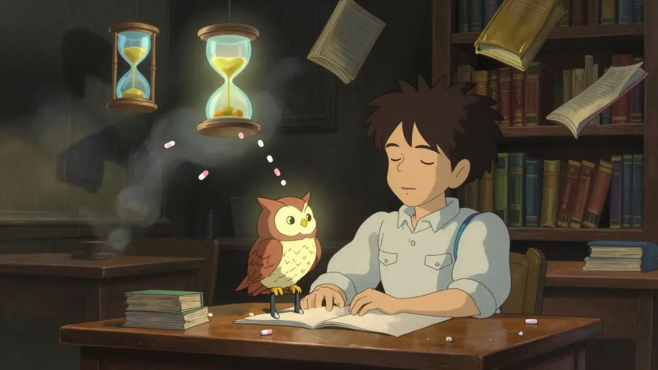 A student meditating in a magical study hall as paper owls and dissolving pills symbolize natural focus over medication.