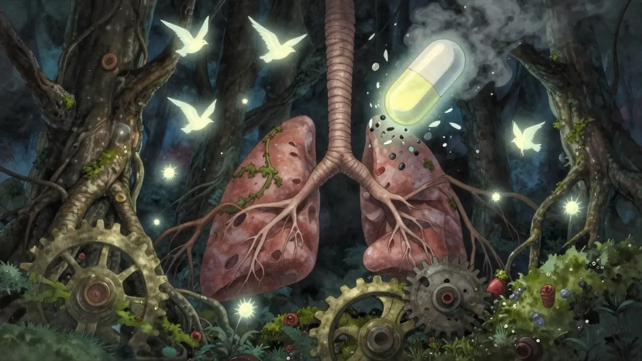 A surreal airway forest with glowing eosinophils and broken COX-1 gears, representing AERD's internal inflammation.