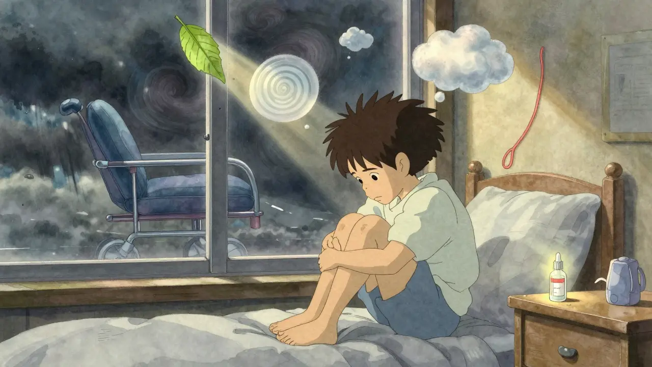 A tired patient surrounded by floating symptoms of fatigue and nausea, with a vial of hydrocortisone glowing in the sunlight.