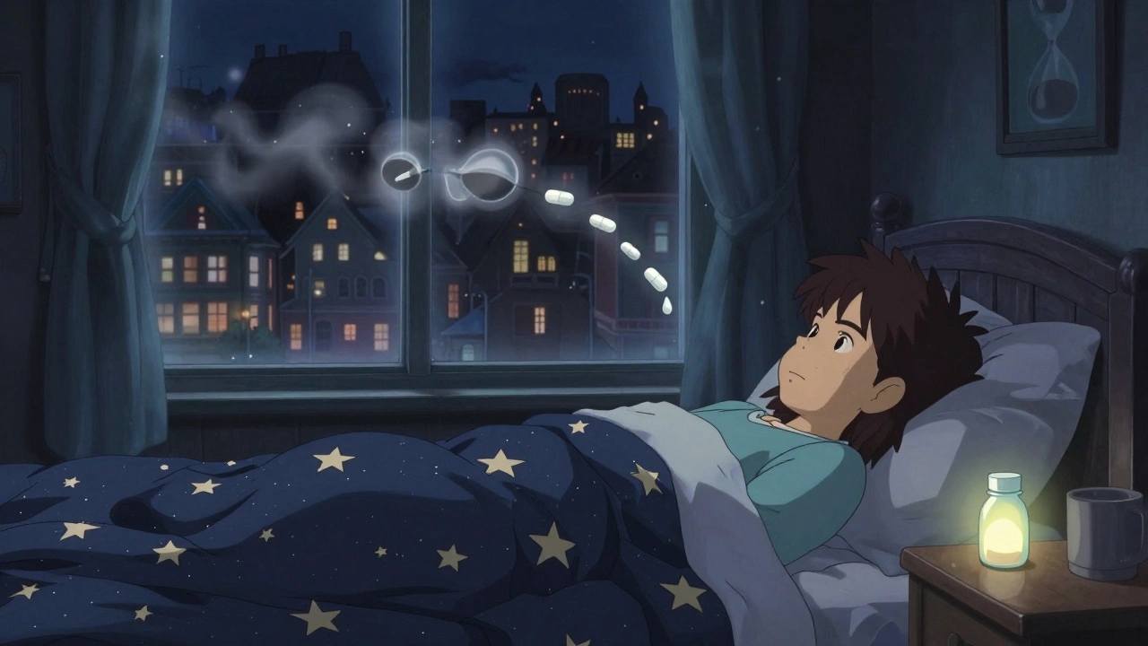 A traveler sleeps peacefully with a glowing melatonin pill on the nightstand, while time-released capsules fade into mist.