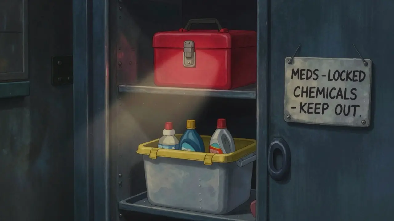 A utility closet with a locked medicine box on the door and chemicals in a spill-proof bin below, lit by a single beam of light.